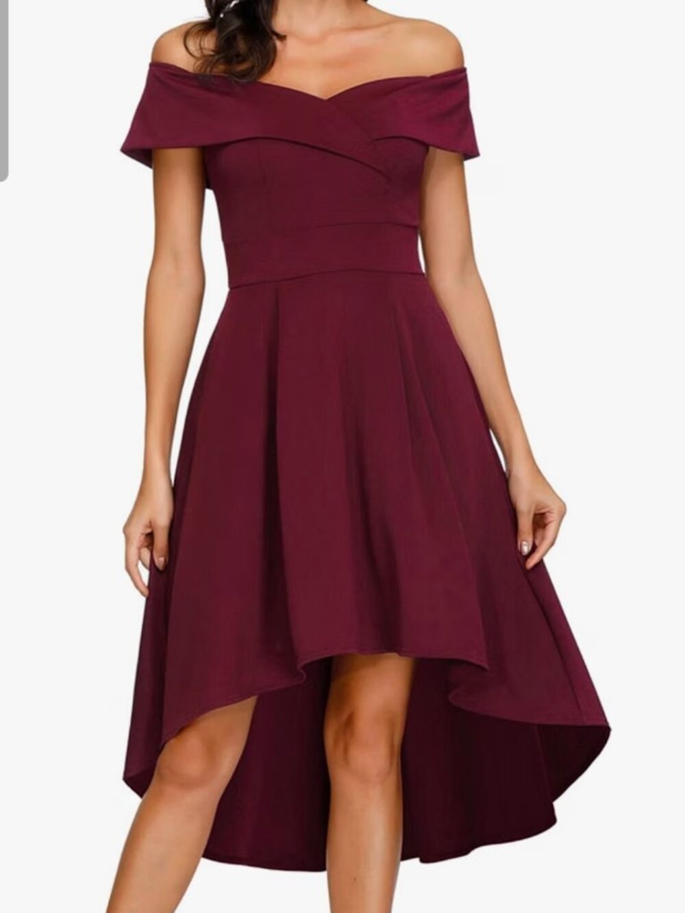 Jasambac Burgundy Off Shoulder High-Low Dress Pockets M